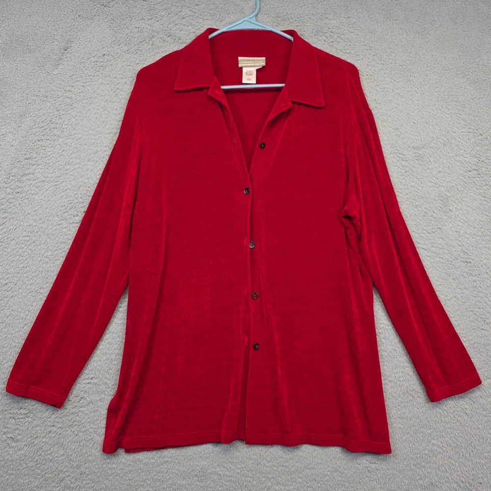 Cold‎ Water Creek Top Womens M Red Long Sleeve Button Up Slub Cozy Stretch Tunic